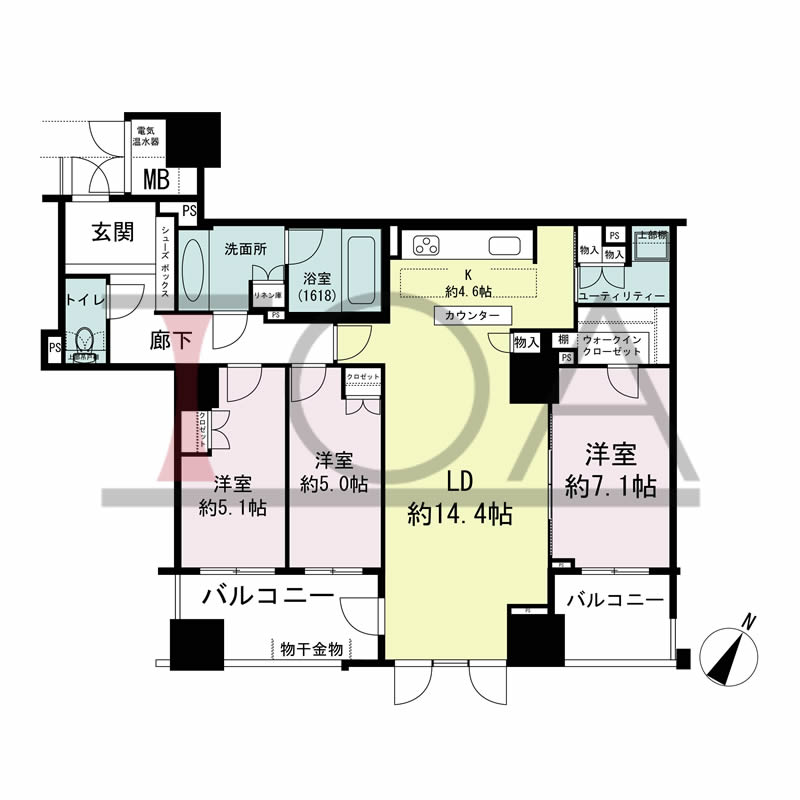 グランスイート中之島タワーの間取り図 南東向き 3LDK 専有面積88.30m2
バルコニー面積12.58m2