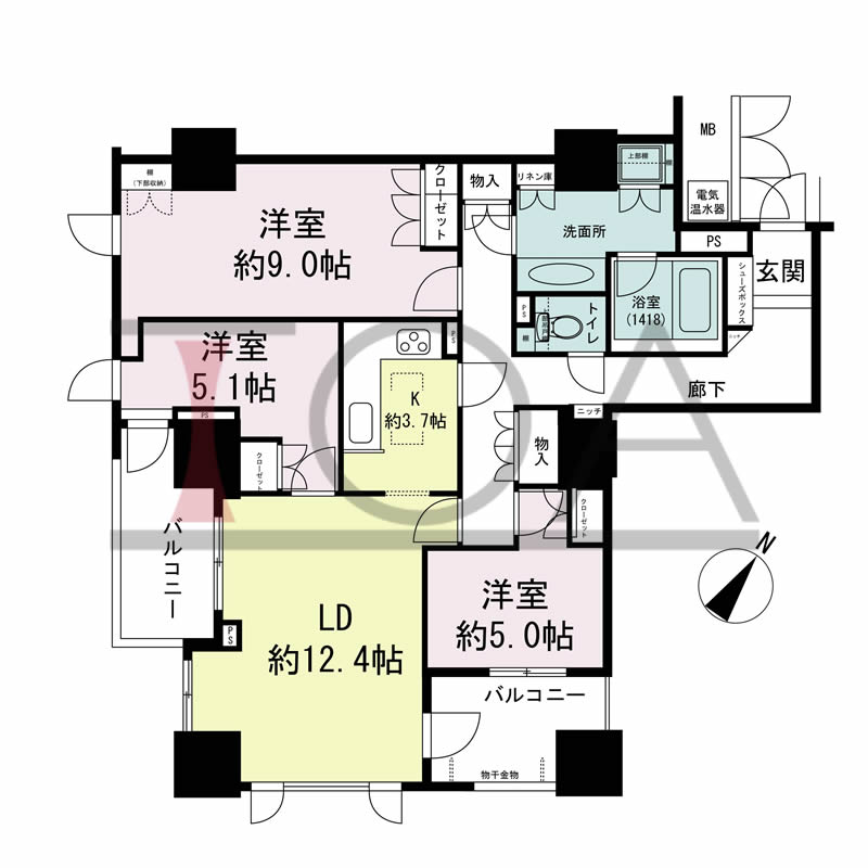 グランスイート中之島タワーの間取り図 南西向き 3LDK 専有面積89.05m2
バルコニー面積11.51m2