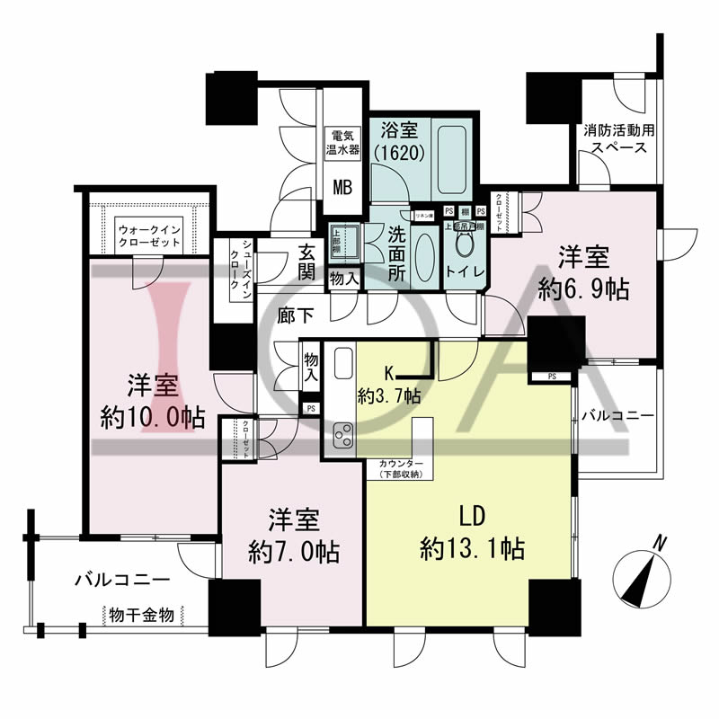 グランスイート中之島タワーの間取り図 南東向き角 3LDK 専有面積91.45m2
バルコニー面積10.81m2