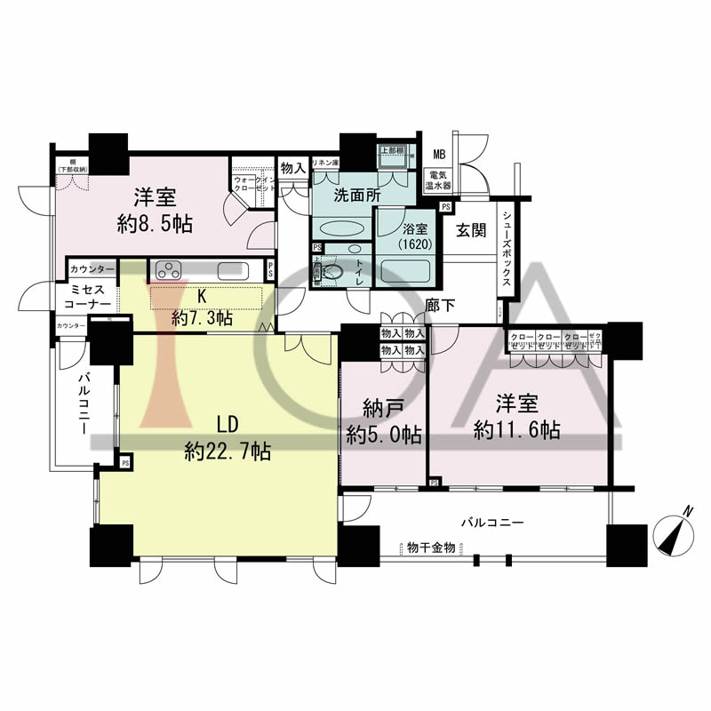 グランスイート中之島タワーの間取り図 南西向き角 2LDK+DEN 専有面積122.87m2
バルコニー面積18.32m2