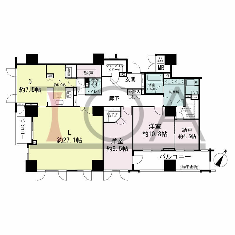 グランスイート中之島タワーの間取り図 南東向き角 3LDK+DEN 専有面積139.73m2
バルコニー面積16.17m2
