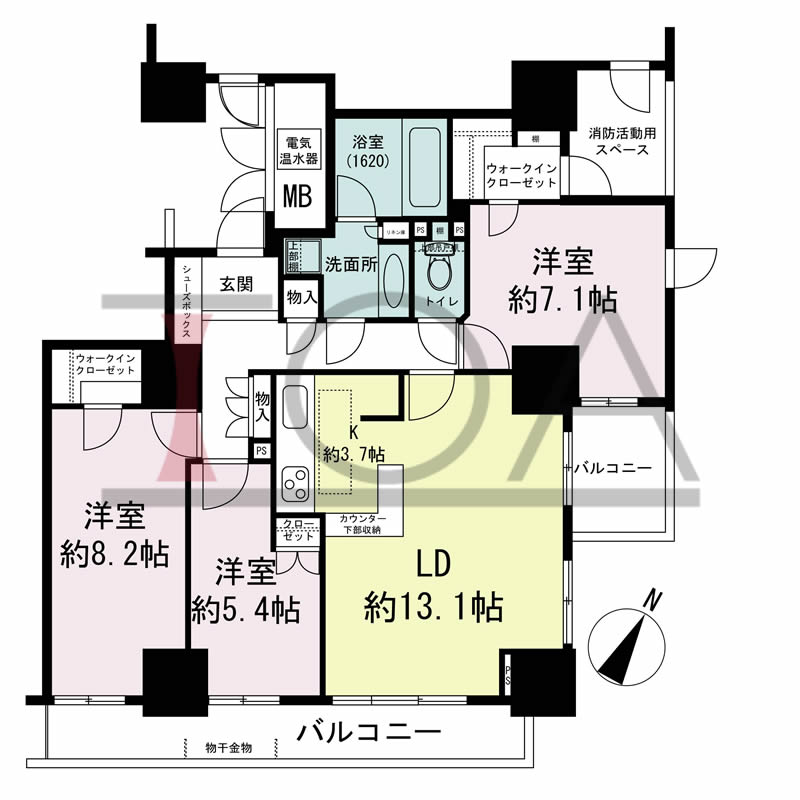 グランスイート中之島タワーの間取り図 南東向き角 3LDK 専有面積86.64m2
バルコニー面積12.89m2