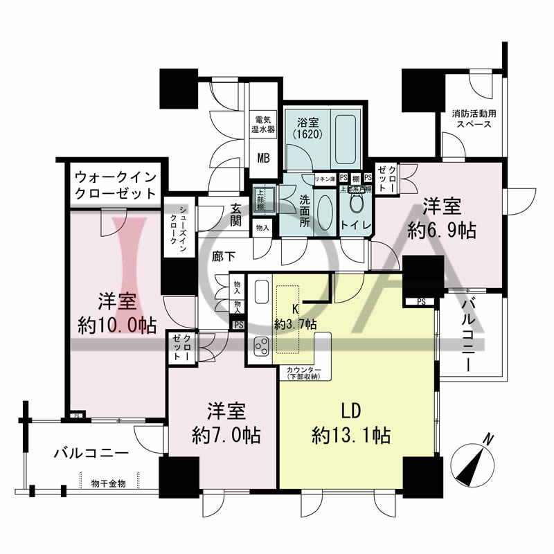 グランスイート中之島タワーの間取り図 南東向き角 3LDK 専有面積91.45m2
バルコニー面積10.81m2