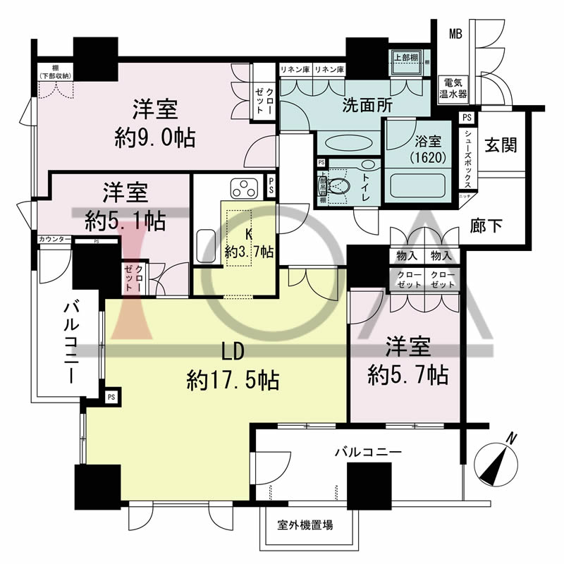 グランスイート中之島タワーの間取り図 南西向き角 3LDK 専有面積98.69m2
バルコニー面積15.21m2