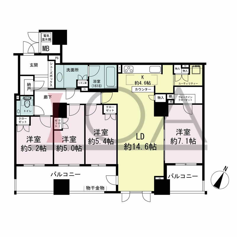 グランスイート中之島タワーの間取り図 南東向き 4LDK 専有面積99.91m2
バルコニー面積17.57m2