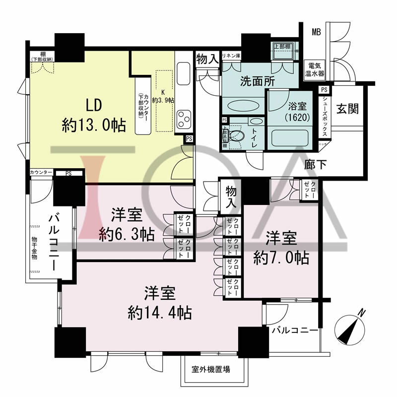 グランスイート中之島タワーの間取り図 南西向き角 3LDK 専有面積104.52m2
バルコニー面積9.38m2
