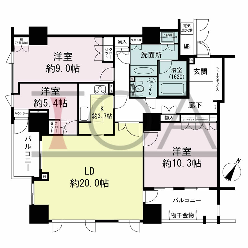 グランスイート中之島タワーの間取り図 南西向き角 3LDK 専有面積111.26m2
バルコニー面積13.33m2