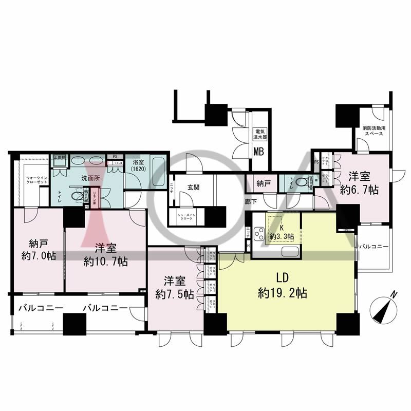 グランスイート中之島タワーの間取り図 南西向き角 2LDK+DEN 専有面積158.73m2
バルコニー面積19.55m2