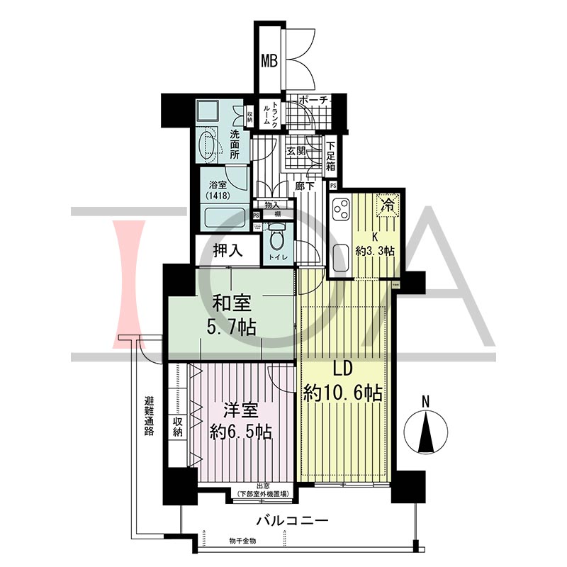 ジーニス大阪の間取り図 南向き 2LDK 専有面積63.59m2
バルコニー面積10.74m2
ポーチ面積1.51m2