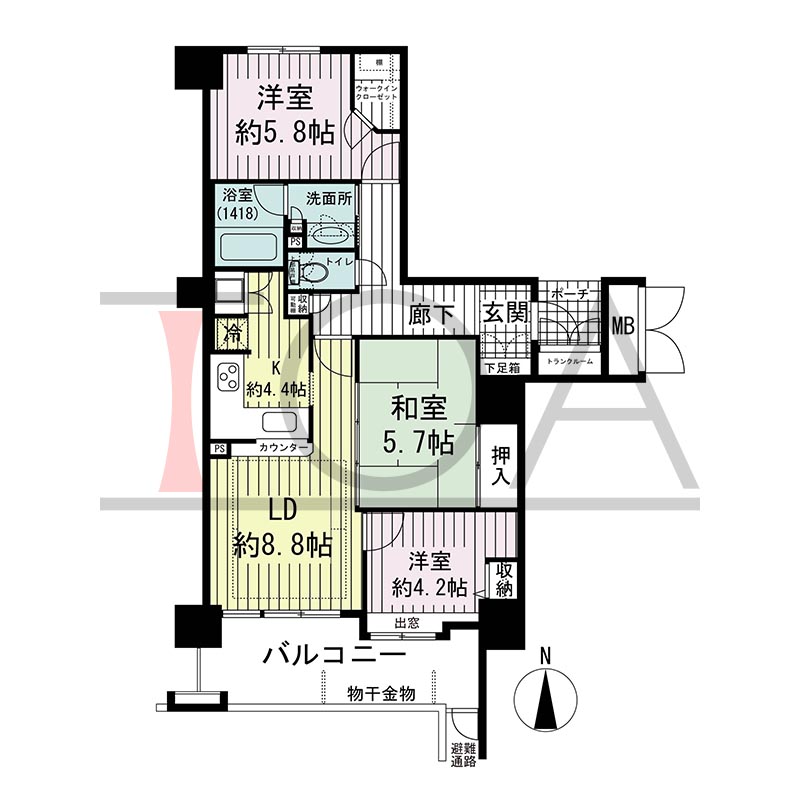 ジーニス大阪の間取り図 南向き 3LDK 専有面積68.44m2
バルコニー面積8.91m2
ポーチ面積2.20m2