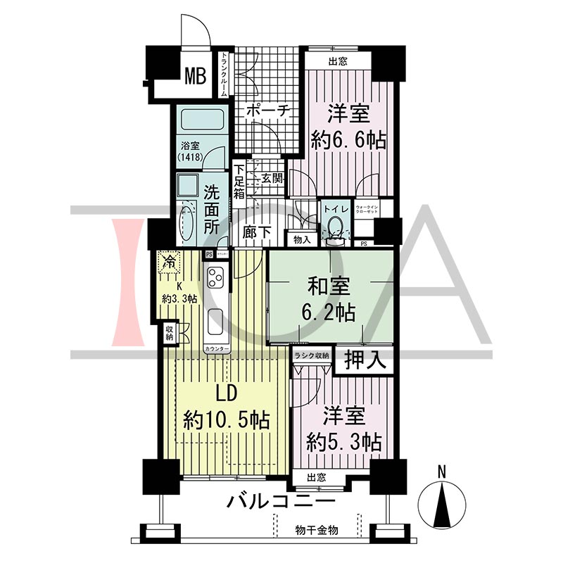 ジーニス大阪の間取り図 南向き 3LDK 専有面積71.65m2
バルコニー面積5.93m2
ポーチ面積5.93m2