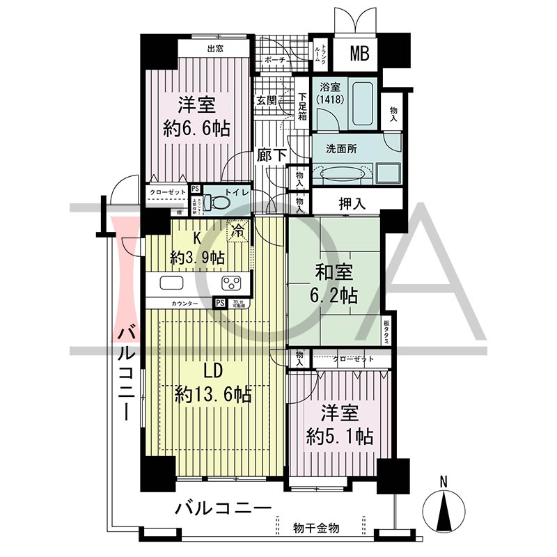 ジーニス大阪の間取り図 南西向き角 3LDK 専有面積79.76m2
バルコニー面積19.59m2
ポーチ面積1.56m2