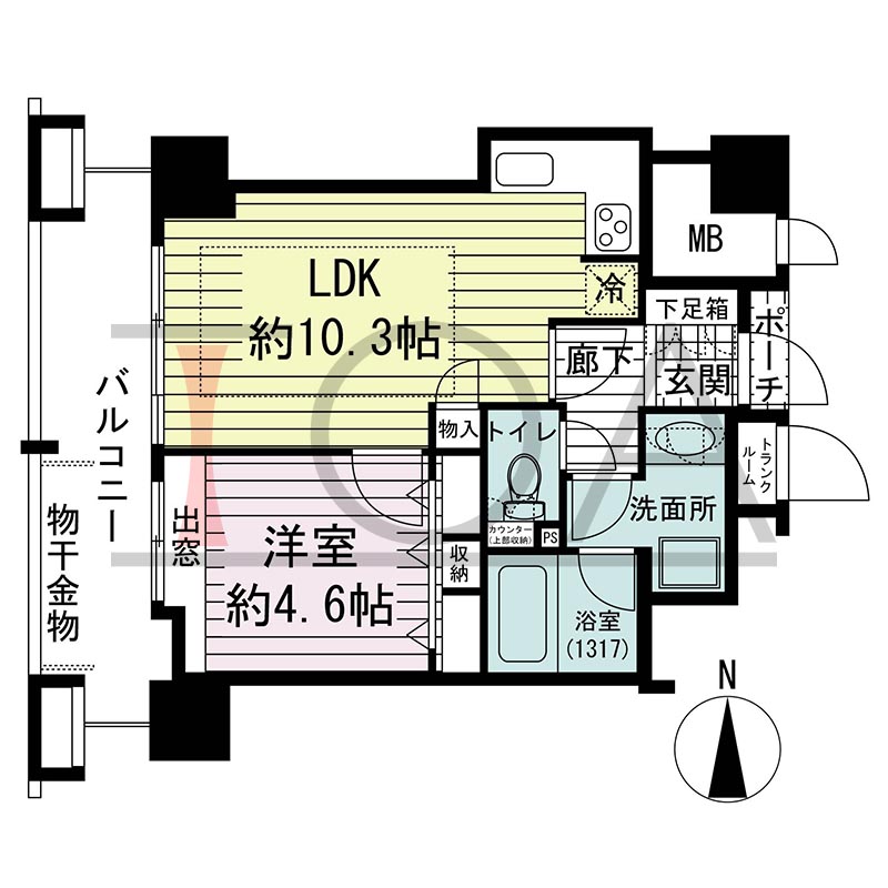 ジーニス大阪の間取り図 西向き 1LDK 専有面積37.89m2
バルコニー面積9.45m2
ポーチ面積0.71m2