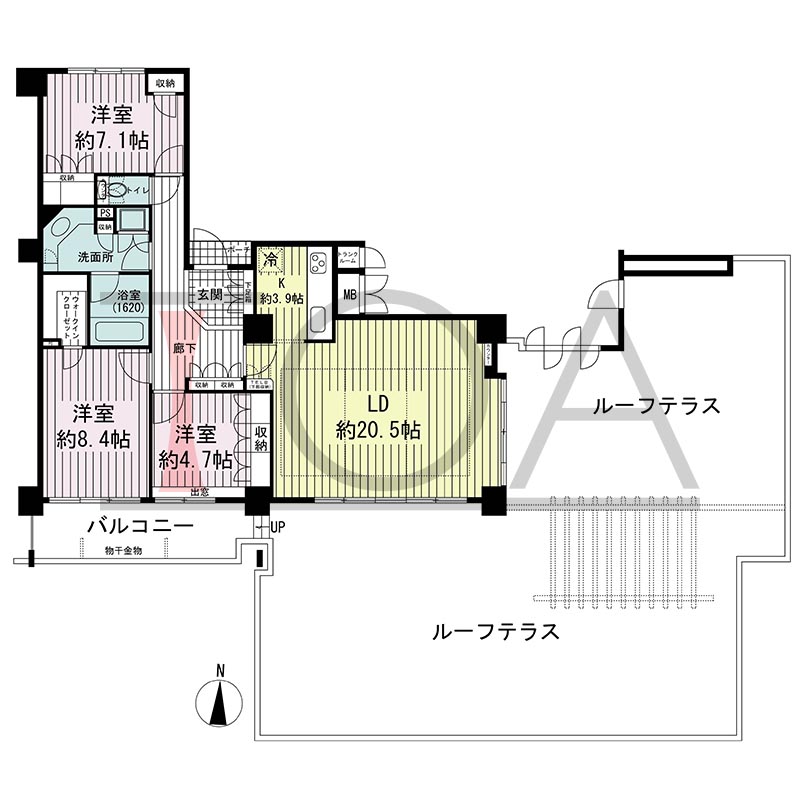 ジーニス大阪の間取り図 南東向き角 3LDK 専有面積104.57m2
バルコニー面積11.05m2
ルーフテラス面積141.98m2
ポーチ面積1.22m2