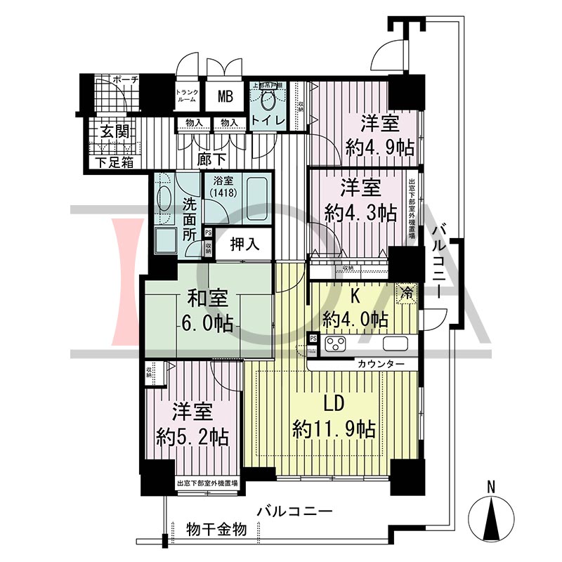 ジーニス大阪の間取り図 南東向き角 4LDK 専有面積85.60m2
バルコニー面積27.08m2
ポーチ面積1.82m2