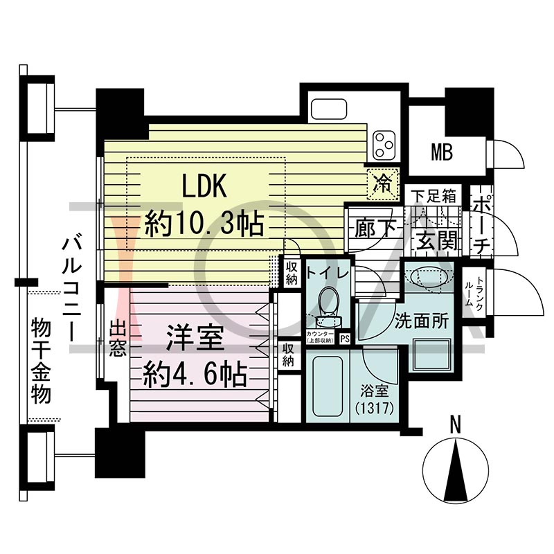 ジーニス大阪の間取り図 西向き 1LDK 専有面積37.89m2
バルコニー面積9.45m2
ポーチ面積0.71m2