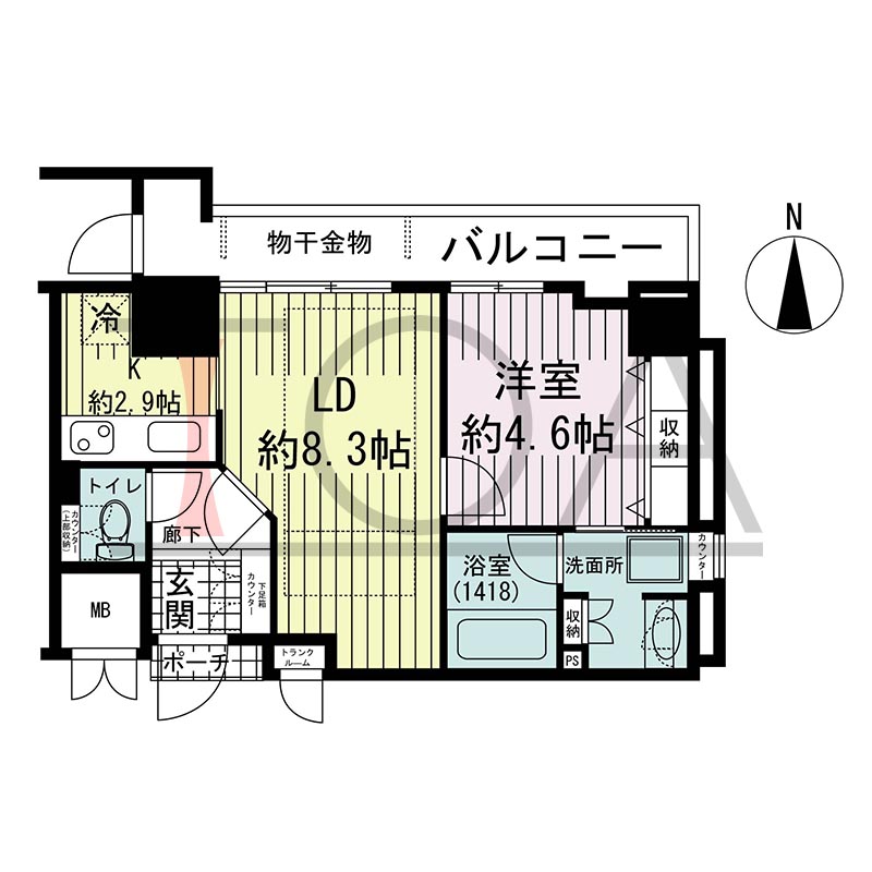 ジーニス大阪の間取り図 北向き 1LDK 専有面積40.51m2
バルコニー面積7.49m2
ポーチ面積0.34m2
