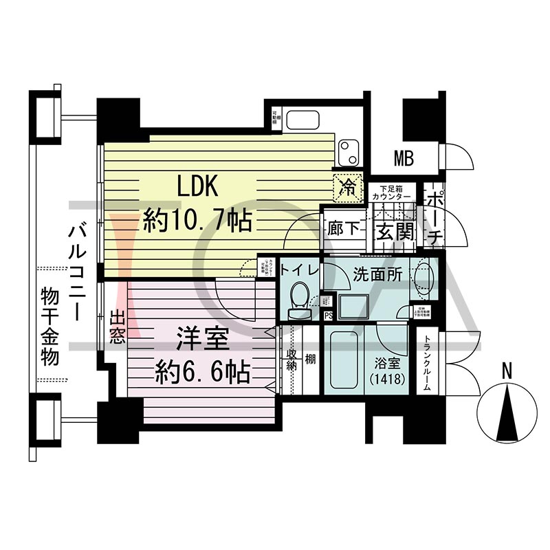 ジーニス大阪の間取り図 西向き 1LDK 専有面積42.36m2
バルコニー面積9.45m2
ポーチ面積0.71m2