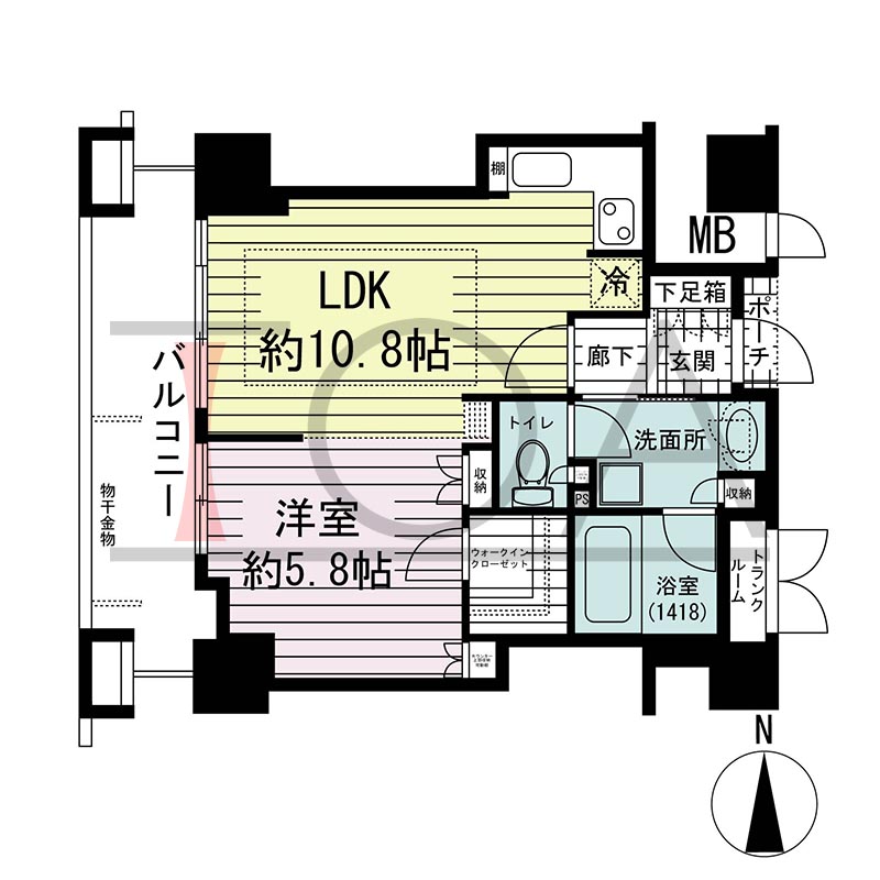 ジーニス大阪の間取り図 西向き 1LDK 専有面積42.36m2
バルコニー面積9.45m2
ポーチ面積0.71m2