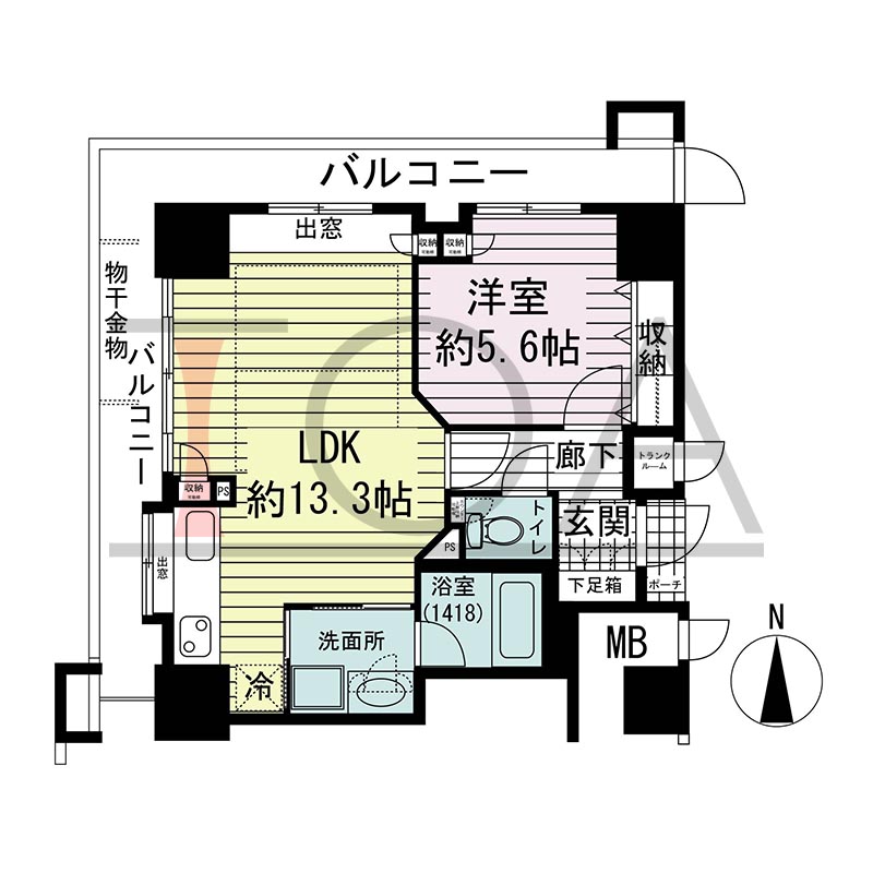 ジーニス大阪の間取り図 北西向き角 1LDK 専有面積46.40m2
バルコニー面積15.10m2
ポーチ面積0.71m2