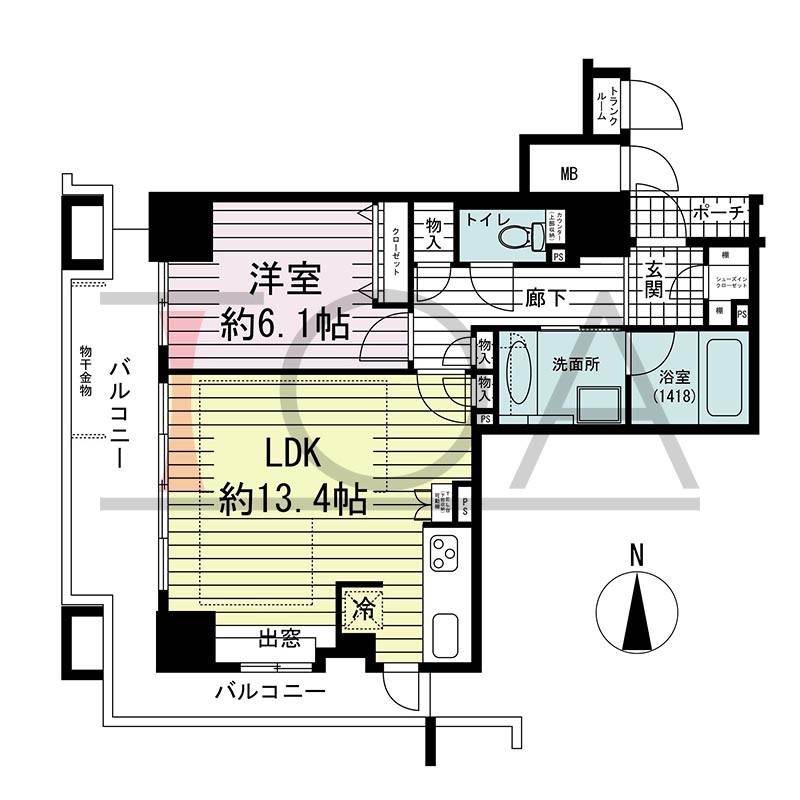 ジーニス大阪の間取り図 南西向き角 1LDK 専有面積50.69m2
バルコニー面積15.07m2
ポーチ面積1.48m2