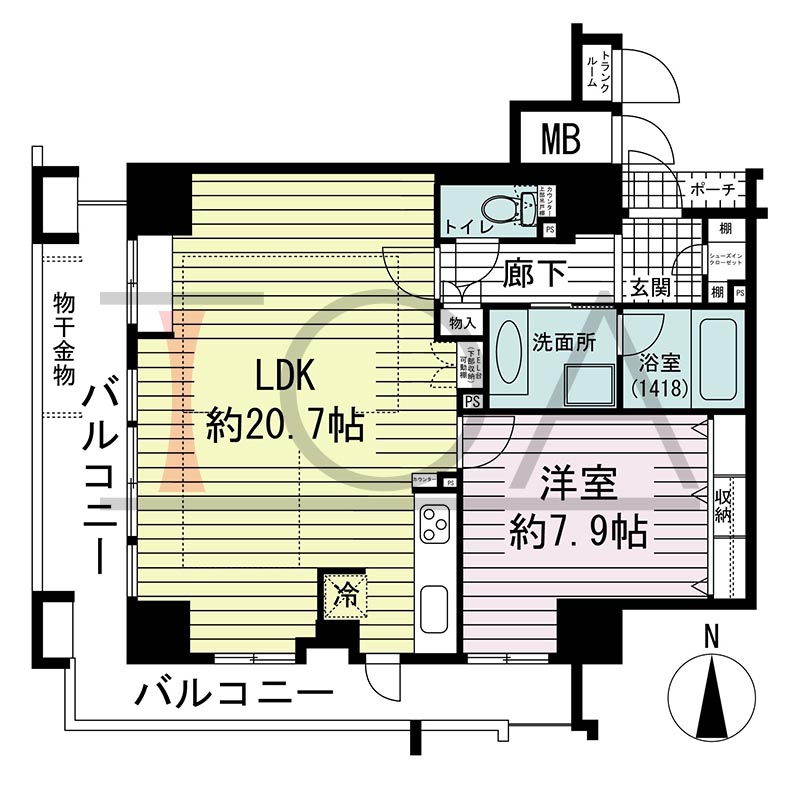ジーニス大阪の間取り図 南西向き角 1LDK 専有面積64.08m2
バルコニー面積17.43m2
ポーチ面積1.48m2