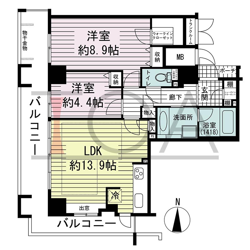 ジーニス大阪の間取り図 南西向き角 3LDK 専有面積73.67m2
バルコニー面積22.22m2
ポーチ面積1.22m2