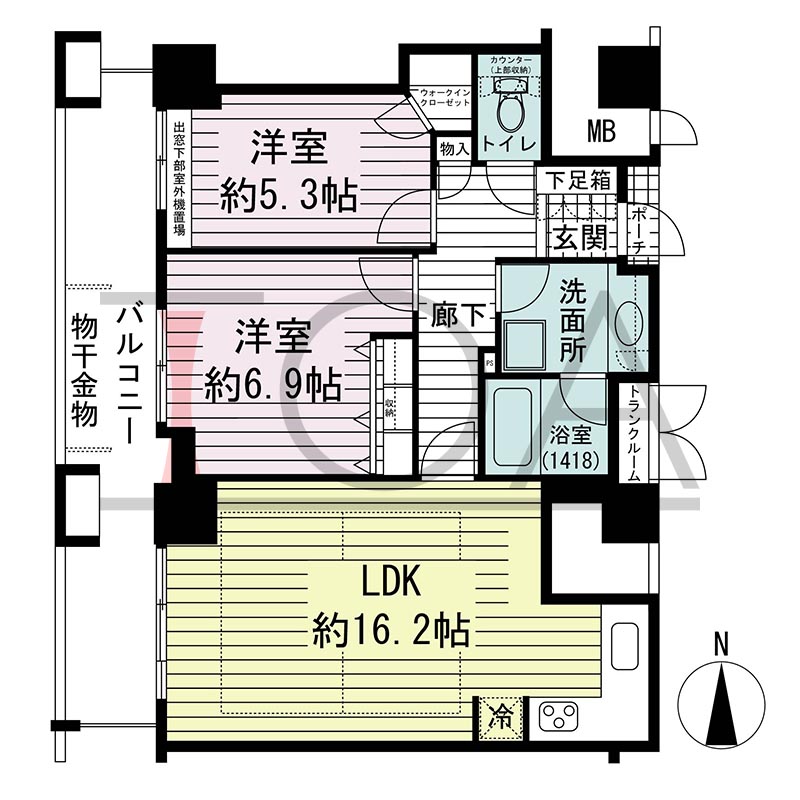 ジーニス大阪の間取り図 西向き 2LDK 専有面積66.55m2
バルコニー面積14.18m2
ポーチ面積0.71m2