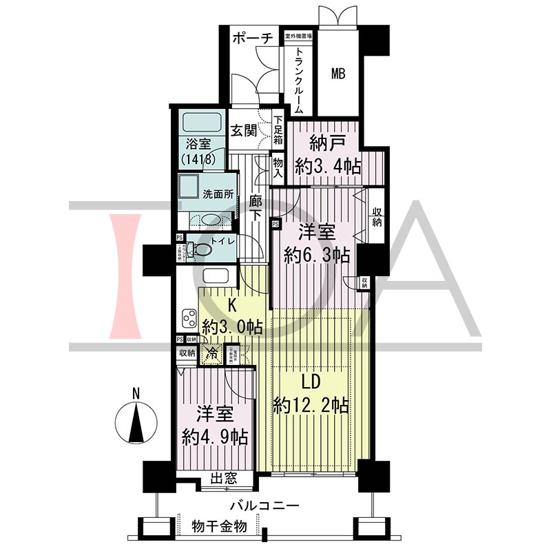ジーニス大阪の間取り図 南向き 2LDK+N 専有面積66.96m2
バルコニー面積11.00m2
ポーチ面積3.74m2