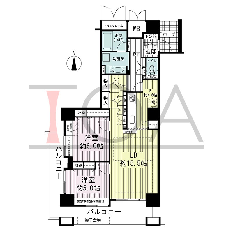 ジーニス大阪の間取り図 南向き 2LDK 専有面積74.09m2
バルコニー面積19.32m2
ポーチ面積3.45m2