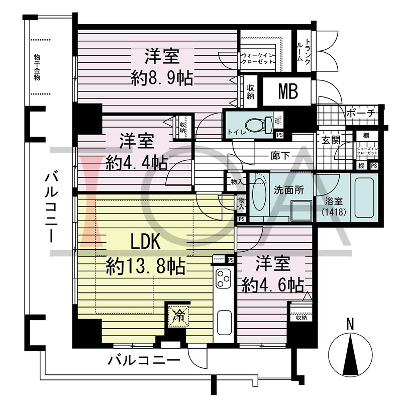ジーニス大阪の間取り図 南西向き角 3LDK 専有面積73.67m2
バルコニー面積22.22m2
ポーチ面積1.22m2