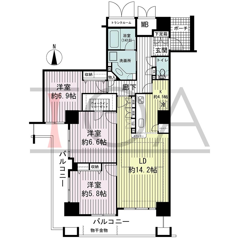 ジーニス大阪の間取り図 南向き 3LDK 専有面積87.98m2
バルコニー面積21.73m2
ポーチ面積3.45m2