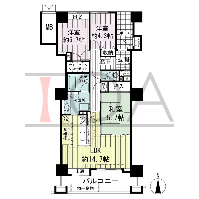ジーニス大阪の間取り図 南向き 3LDK 専有面積75.16m2
バルコニー面積10.81m2
ポーチ面積4.81m2