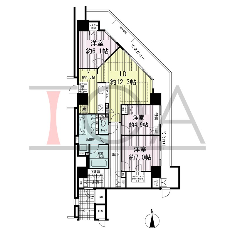 ジーニス大阪の間取り図 北東向き角 3LDK 専有面積89.29m2
バルコニー面積25.37m2
ポーチ面積4.14m2