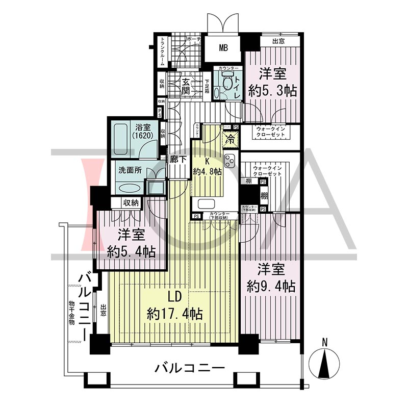 ジーニス大阪の間取り図 南西向き 3LDK 専有面積102.91m2
バルコニー面積24.60m2
ポーチ面積2.30m2
