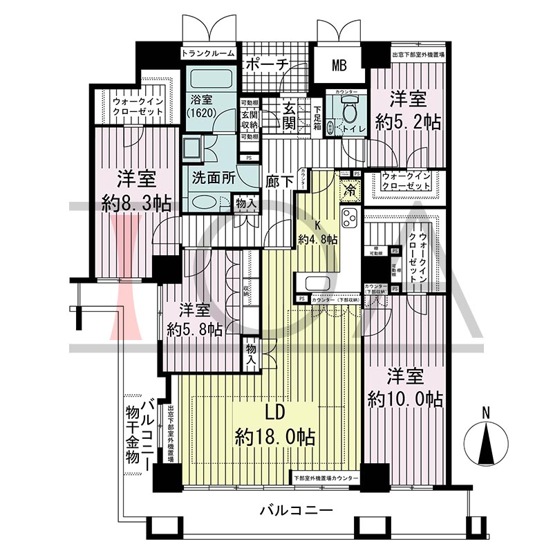 ジーニス大阪の間取り図 南西向き 4LDK 専有面積128.81m2
バルコニー面積24.65m2
ポーチ面積3.23m2