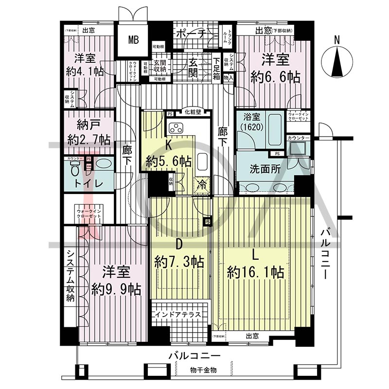 ジーニス大阪の間取り図 南東向き角 3LDK+N 専有面積142.12m2
バルコニー面積26.26m2
ポーチ面積2.55m2