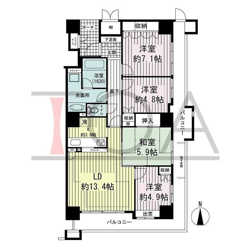 ジーニス大阪の間取り図 南東向き角 4LDK 専有面積91.29m2
バルコニー面積24.68m2
ポーチ面積3.72m2