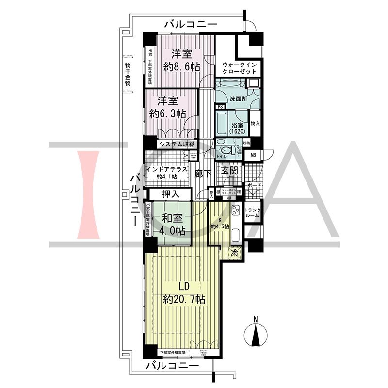 ジーニス大阪の間取り図 南西向き角 3LDK 専有面積118.18m2
バルコニー面積42.64m2
ポーチ面積2.88m2