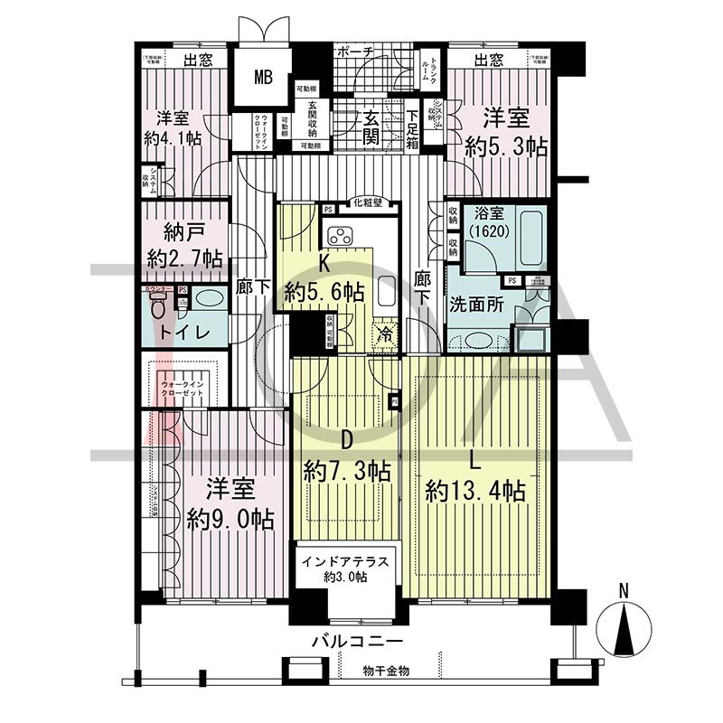 ジーニス大阪の間取り図 南西向き角 3LDK 専有面積73.67m2
バルコニー面積22.22m2
ポーチ面積1.22m2