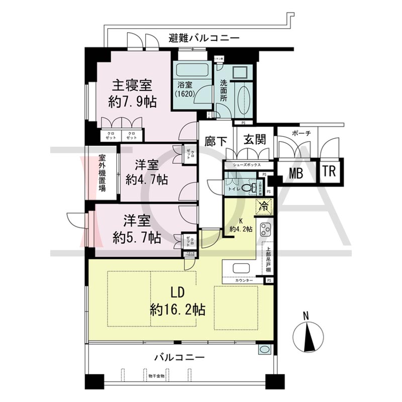 ロジュマンタワーOSAKAの間取り図 南西向き角 3LDK 専有面積87.73m2
バルコニー面積12.92m2
ポーチ面積2.70m2