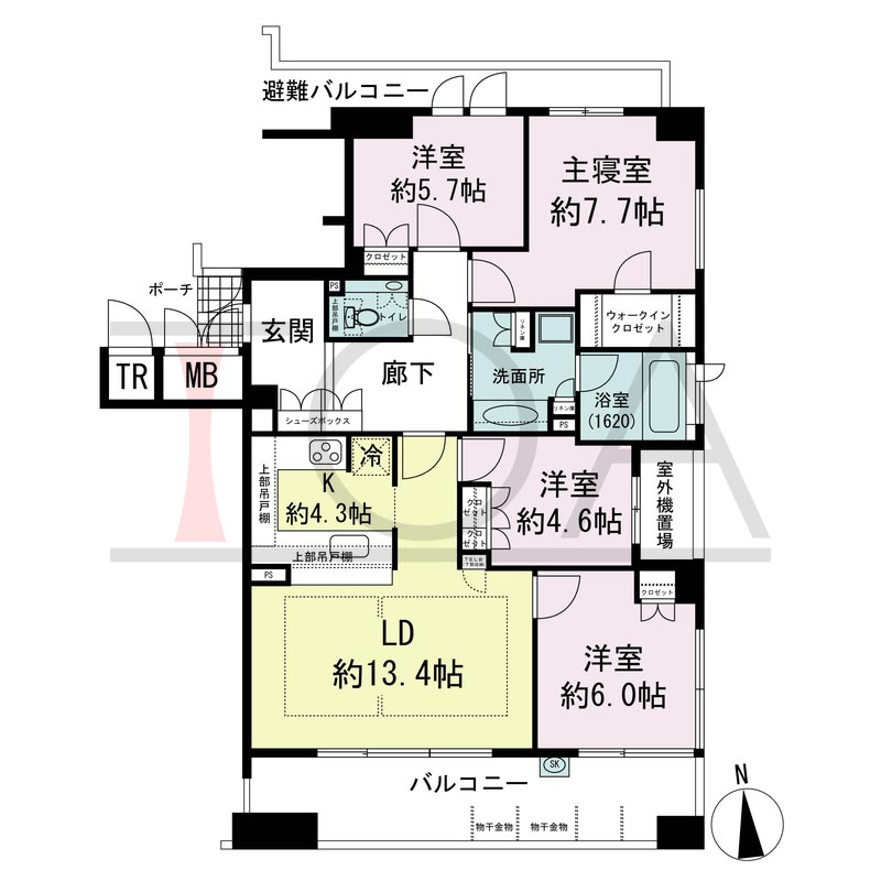 ロジュマンタワーOSAKAの間取り図 南向き角 4LDK 専有面積96.03m2
バルコニー面積14.45m2
ポーチ面積1.50m2