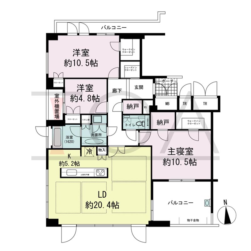 ロジュマンタワーOSAKAの間取り図 南西向き角 3LDK 専有面積123.65m2
バルコニー面積13.76m2
ポーチ面積2.55m2
