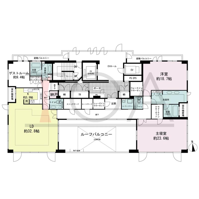ロジュマンタワーOSAKAの間取り図 南西向き 2LDK+GUESTROOM 専有面積242.40m2
ルーフバルコニー60.00m2
ポーチ面積20.95m2