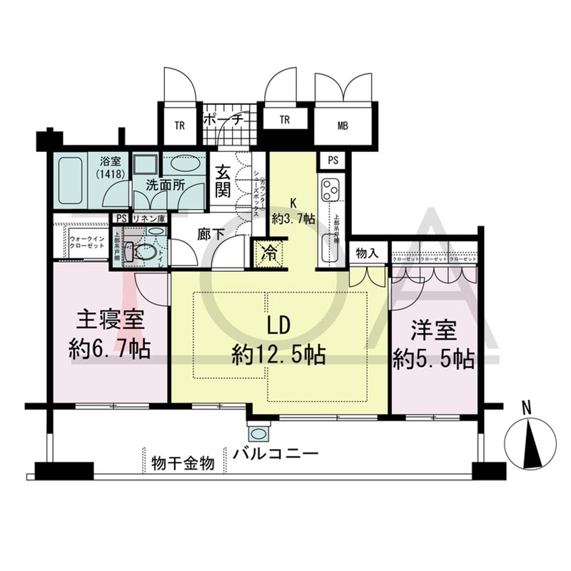 ロジュマンタワーOSAKAの間取り図 南向き 2LDK 専有面積66.92m2
バルコニー面積16.76m2
ポーチ面積1.55m2