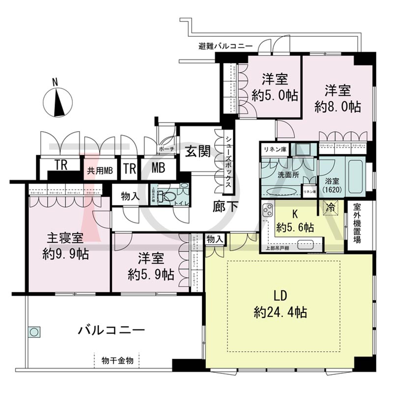 ロジュマンタワーOSAKAの間取り図 南東向き角 4LDK 専有面積143.35m2
バルコニー面積24.64m2
ポーチ面積1.50m2