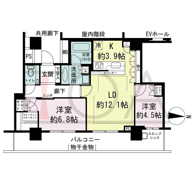 パークタワー梅田の間取り図 東向き 2LDK 専有面積68.75m2
バルコニー面積18.83m2