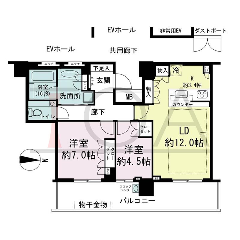 パークタワー梅田の間取り図 東向き 2LDK 専有面積67.55m2
バルコニー面積16.98m2