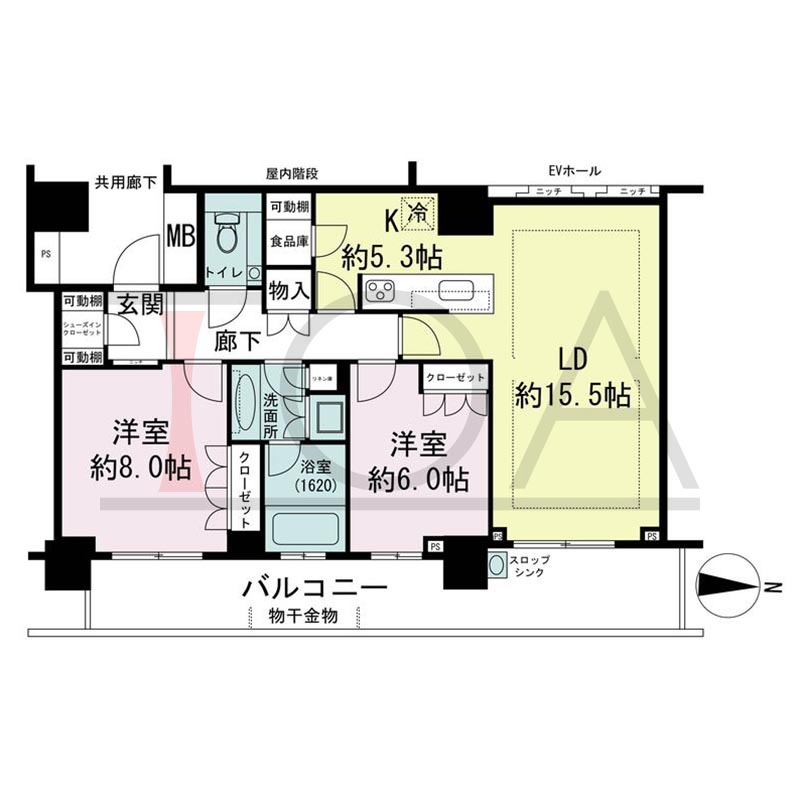 パークタワー梅田の間取り図 東向き 2LDK 専有面積80.96m2
バルコニー面積19.29m2