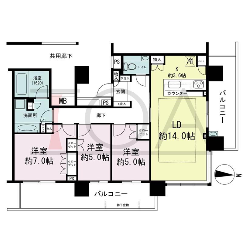パークタワー梅田の間取り図 北東向き角 3LDK 専有面積83.71m2
バルコニー面積25.23m2